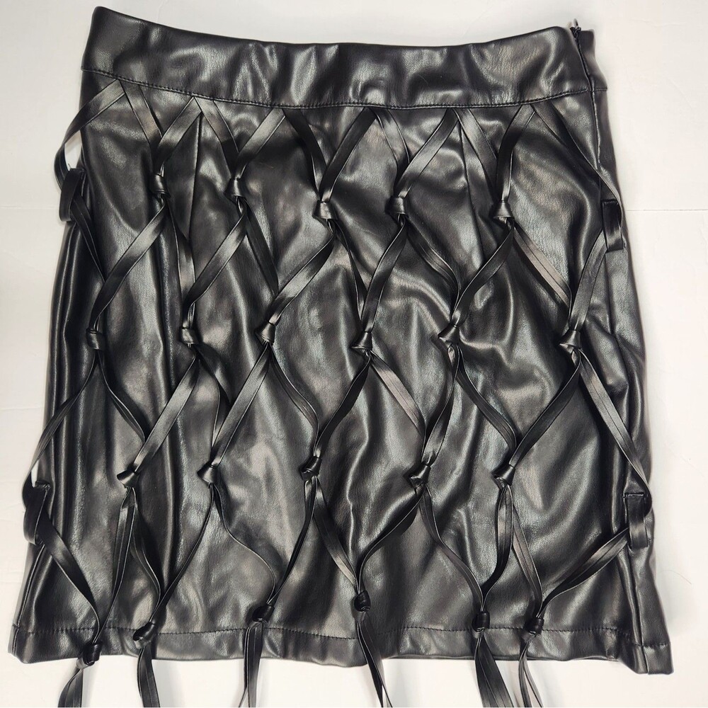 Black Fringe Mini Skirt Size XS Faux Leather PVC Braided Knots Rave Party